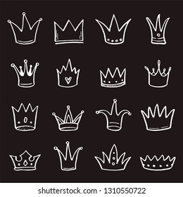 Hand drawn set of different crown and tiara for princess. Cut isolated vector illustration for icon, logo, wallpaper design. Doodle sketch style. Crown element drawn by brush-pen. 