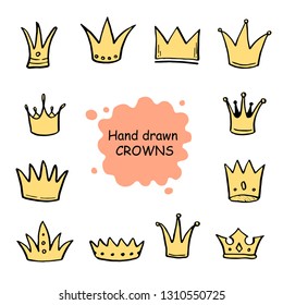 Hand drawn set of different crown and tiara for princess. Cut isolated vector illustration for icon, logo, wallpaper design. Doodle sketch style. Crown element drawn by brush-pen. 