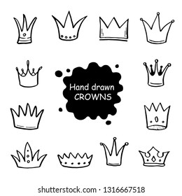 Hand drawn set of different crown and tiara for princess. Cut isolated vector illustration for icon, logo, wallpaper design. Doodle sketch style. Crown element drawn by brush-pen. 