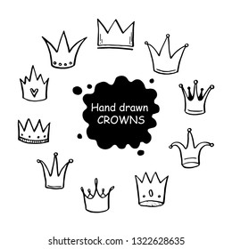Hand drawn set of different crown and tiara for princess. Cut isolated vector illustration for icon, logo, wallpaper design. Doodle sketch style. Crown element drawn by brush-pen. 