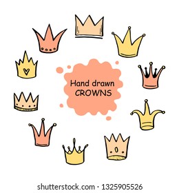 Hand drawn set of different crown and tiara for princess. Cut isolated vector illustration for icon, logo, wallpaper design. Doodle sketch style. Crown element drawn by brush-pen. 
