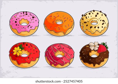 Hand drawn Set of different delicious donuts with different flavors isolated on white background