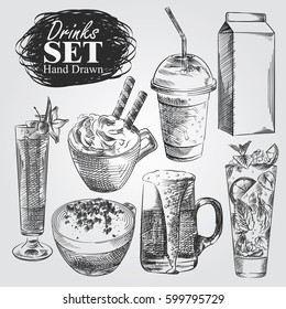 Hand drawn set of different drinks isolated on white background. Cocktail, milk, beer, coffee, smoothie in sketch style, vector illustrator.