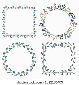 Hand drawn set of different floral vector wreath with green leaves, herbs forest round, cute rustic frame. Round and square frame. Illustration for greeting card, wedding invitation, logo, poster, tag