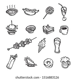 Hand drawn set of different food and drinks. Vector black and white set of street food in sketch style. 