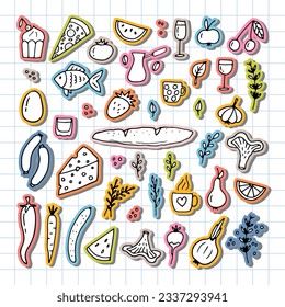 Variedad de comida y bebida a mano. Estilo Doodle. Ingredientes alimentarios saludables. Ilustración del vector