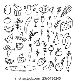 Hand drawn set of different food and drinks. Doodle style. Healthy food ingredients. Vector illustration