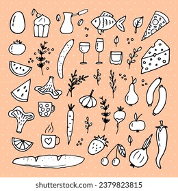 Hand drawn set of different food and drinks. Doodle style. Healthy food ingredients. Vector illustration
