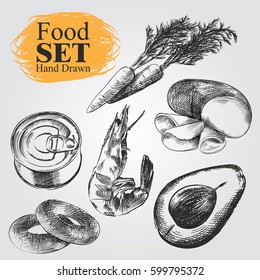 Hand drawn set of different food isolated on white background. Food in sketch style, vector illustrator.