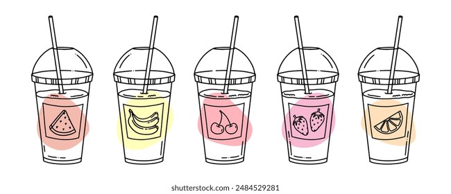 Hand drawn set of different Fruit fresh Summer Drinks. Vector collection of smoothies, milkshakes and juices for menu. Banana, strawberry, cherry, orange, lemon, watermelon, lemonade