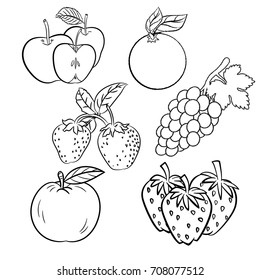 Hand drawn set of different fruits with apple, strawberry, orange and grape. Vintage hand drawn sketch, vector illustration. Linear graphic.