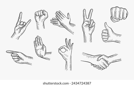 Hand drawn Set of different gestures hand, signs and signals. Handshake, ok, stop, pointing, victory, applause, fist, rock roll gesture. Outline vector illustration on white background.