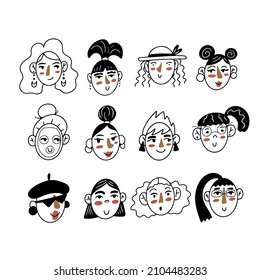 Hand drawn set with different girls and women head avatars in cute linear style, isolated vector illustration