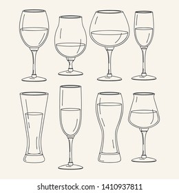 Conjunto de diferentes vasos dibujados a mano con alcohol. Ilustración de gafas. Vidrio de arte en línea. Vector.