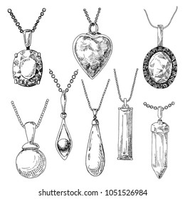Hand drawn a set of different jewelry. Vector illustration of a sketch style.