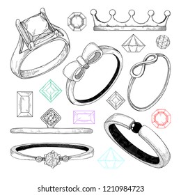 Hand drawn a set of different jewelry rings. Vector illustration of a sketch style.