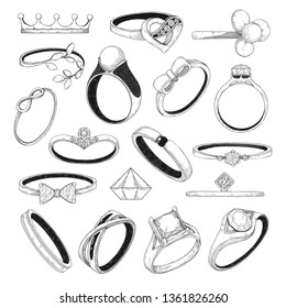 Hand drawn set of different jewelry rings. Vector illustration of a sketch style.