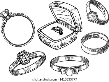 Hand Drawn A Set Of Different Jewelry Rings. Engagement Rings And Wedding Rings. Vector Illustration Of A Sketch Style. Ring In The Gift Box.