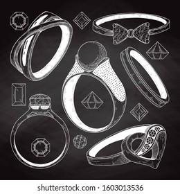 Hand drawn a set of different jewelry rings. Vector illustration of a sketch style.