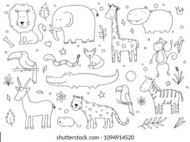 Hand Drawn Set Different Jungle Animals Stock Vector (Royalty Free ...