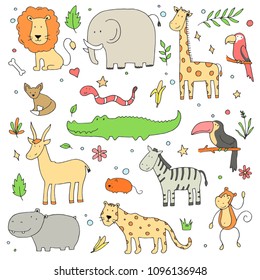 Hand drawn set of different jungle animals: elephant, lion, zebra, crocodile, giraffe. Cute vector illustration for baby's, kid's textule, fabric, wallpaper design. Cartoon doodle sketch style.