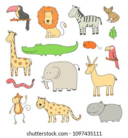 Hand drawn set of different jungle animals: elephant, lion, zebra, crocodile, giraffe. Cute vector illustration for baby's, kid's textule, fabric, wallpaper design. Cartoon doodle sketch style.