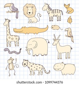 Hand drawn set of different jungle animals: elephant, lion, zebra, crocodile, giraffe. Cute vector illustration for baby's, kid's textule, fabric, wallpaper design. Cartoon doodle sketch style.