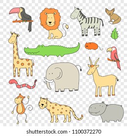 Hand drawn set of different jungle animals: elephant, lion, zebra, crocodile, giraffe. Cute vector illustration for baby's, kid's textule, fabric, wallpaper design. Cartoon doodle sketch style.