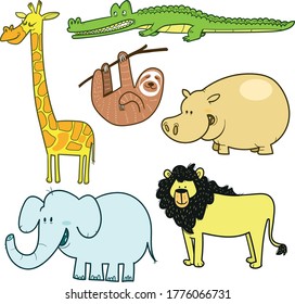 Hand drawn set of different jungle animals