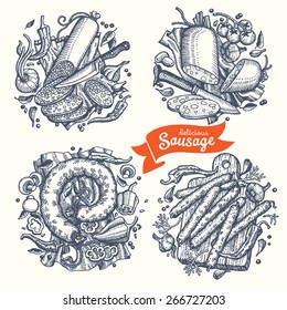 Hand drawn set of different kinds of sausages.