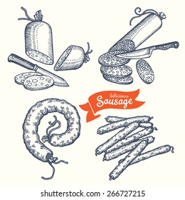 Hand drawn set of different kinds of sausages.