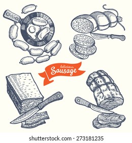 Hand drawn set of different kinds of sausages.