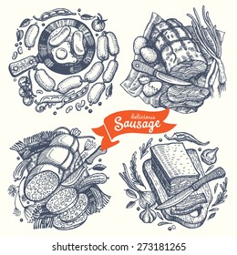 Hand drawn set of different kinds of sausages.