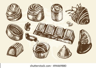 Hand drawn set of different kinds of chocolate. Assorted candies. Food elements collection 
for design, Vector illustration.