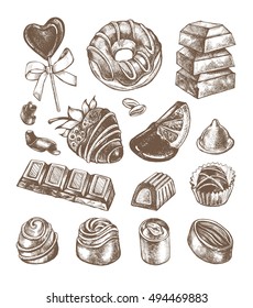 Hand drawn set of different kinds of chocolate. Assorted candies. Food elements collection 
for design, Vector illustration.