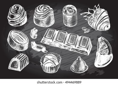 Hand drawn set of different kinds of chocolate. Assorted candies. Food elements collection 
for design, Vector illustration.