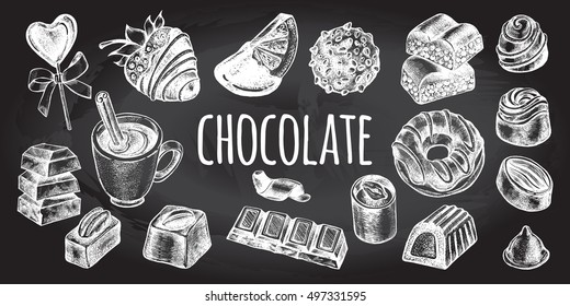 Hand drawn set of different kinds of chocolate. Assorted candies. 
Chocolate bars, fondue, hot chocolate. Food elements collection for design, Vector illustration. Poster on the chalkboard.