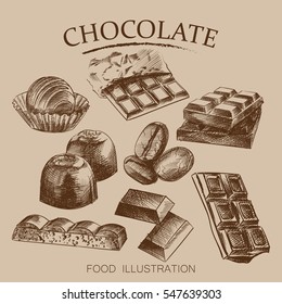 Hand drawn set of different kinds of chocolate sketch style vector illustration on beige background. Chocolate bars, candies, beans, porous