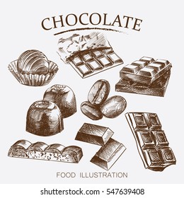 Hand drawn set of different kinds of chocolate sketch style vector illustration on white background. Chocolate bars, candies, beans, porous