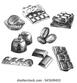 Hand drawn set of different kinds of chocolate sketch style vector illustration on white background. Chocolate bars, candies, beans, porous