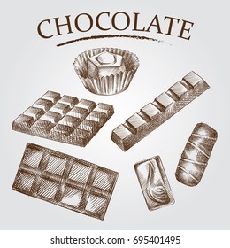 Hand drawn set of different kinds of chocolate in sketch style. Chocolate bars, candies, porous chocolate vector illustration on white background.