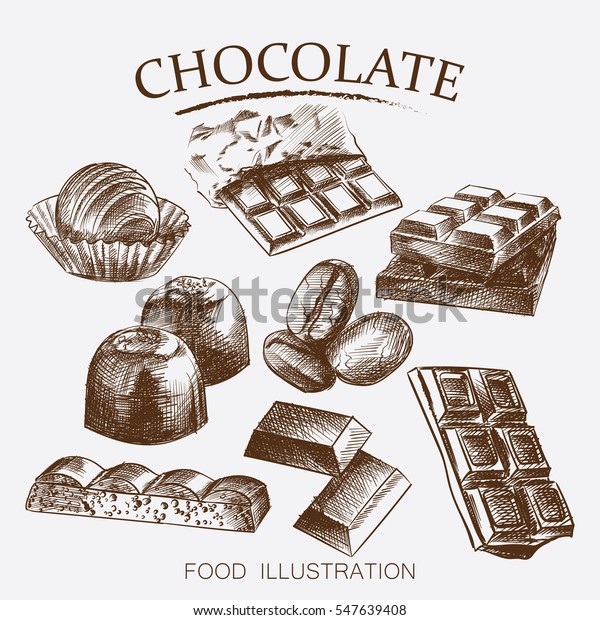 白い背景にさまざまな種類のチョコレートスケッチスタイルベクターイラストの手描きのセット チョコレートバー お菓子 豆 多孔質 のベクター画像素材 ロイヤリティフリー