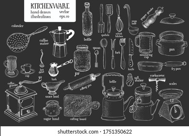 Hand drawn set of different kitchenware. Vector illustrations on chalk board. Kitchen utensils