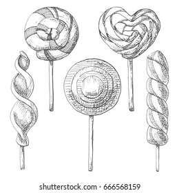 Hand drawn set of different lollipops. Vector illustration of a sketch style.