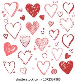 Hand drawn set of different love symbols of red heart shape. Cut vector illustration for your icon design, valentine day card. Doodle sketch style. Heart elements drawn by brush-pen. Isolated vector.