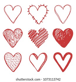 Hand drawn set of different love symbols of red heart shape. Cut vector illustration for your icon design, valentine day card. Doodle sketch style. Heart elements drawn by brush-pen. Isolated vector.