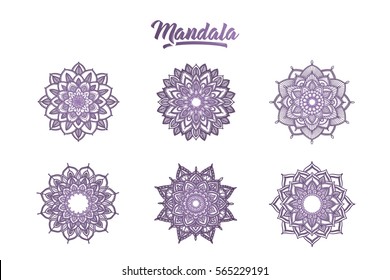 Hand drawn set of different mandalas with lettering in vector