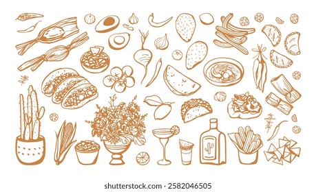 Hand drawn set of different Mexican dishes and products. Sketch drawings of Mexican cuisine