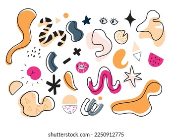 Conjunto dibujado a mano con diferentes formas orgánicas y geométricas, garabatos y líneas divertidos, aislado en ilustración vectorial de fondo blanco
