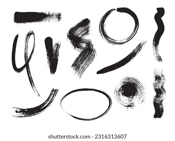 Hand drawn set with different  paintbrush strokes, circles and blobs, isolated vector illustration on white background